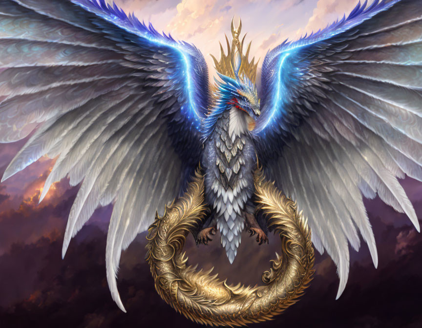 Majestic fantasy bird with golden and blue feathers in twilight sky