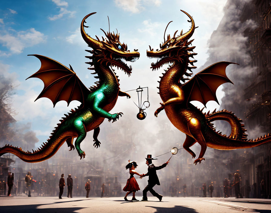 Fantasy scene with two dragons, magician, and crystal ball.