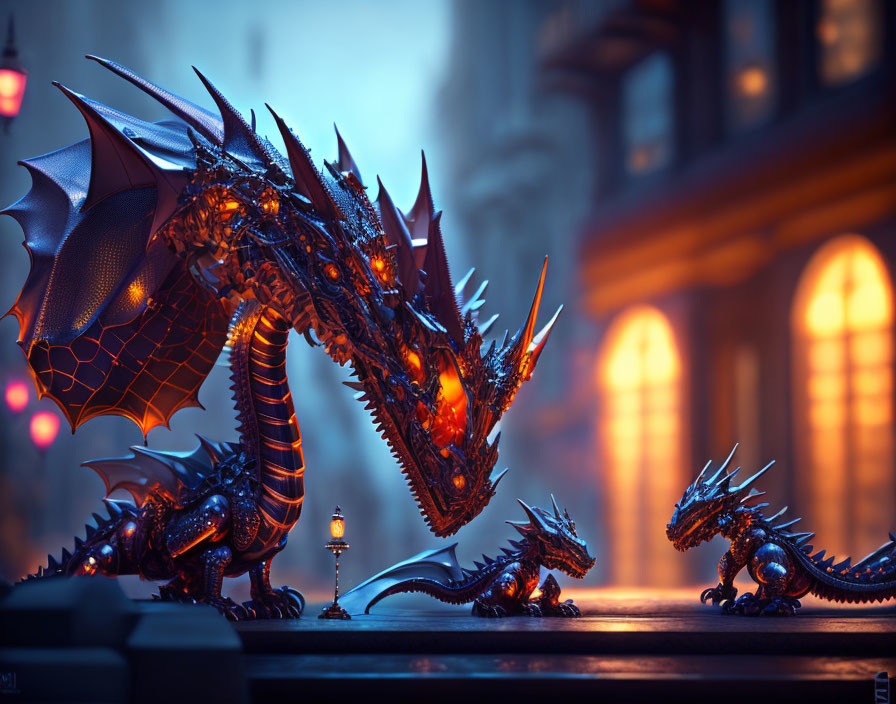 Detailed Dragon Statue in Gothic Cityscape with Glowing Accents