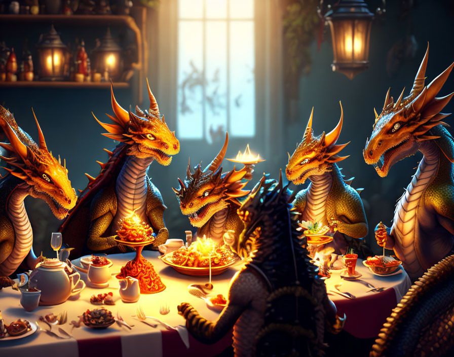 Dragons enjoying a feast at a cozy dinner table