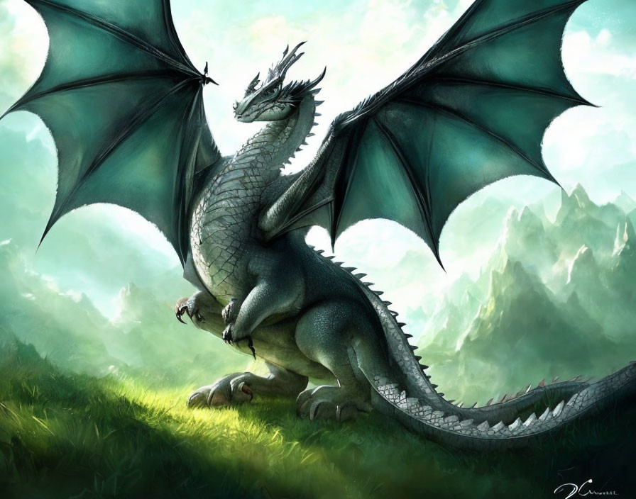 Majestic dragon with expansive wings in misty mountain setting