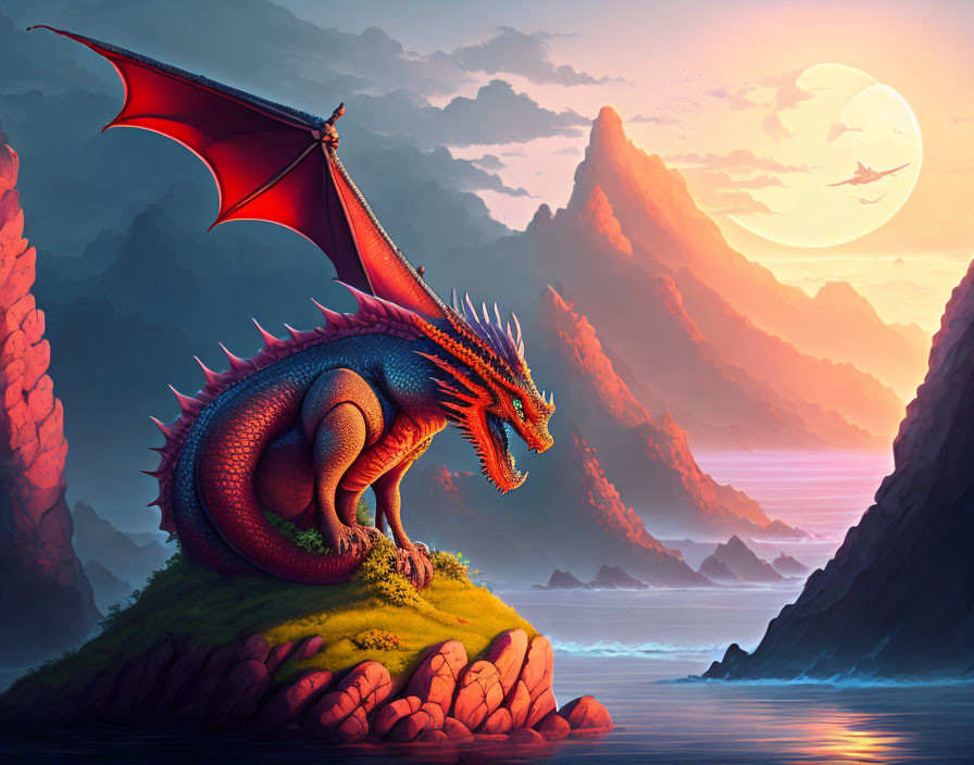 Majestic red dragon on grassy knoll by the sea