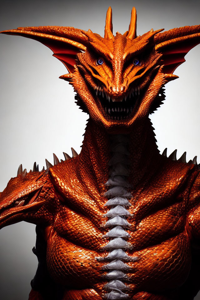 Orange dragon portrait with horns, sharp teeth, glowing eyes, and textured skin