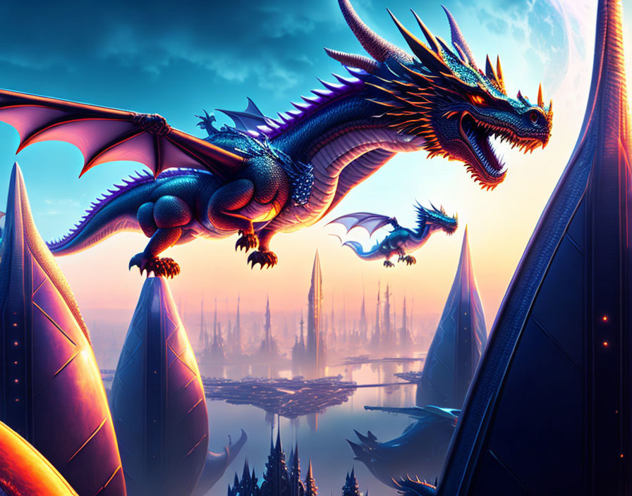 Blue dragon flying over futuristic cityscape at sunrise or sunset