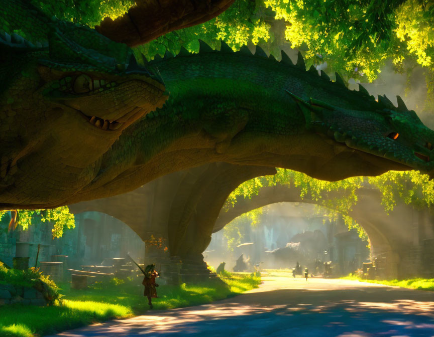 Green Dragon Resting on Stone Bridge in Sunlit Forest