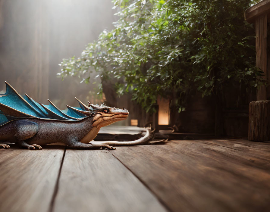 Blue-Winged Dragon Resting Beside Lantern and Plants