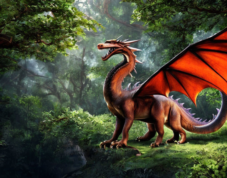 Red dragon in lush forest clearing with wide wings and fierce expression