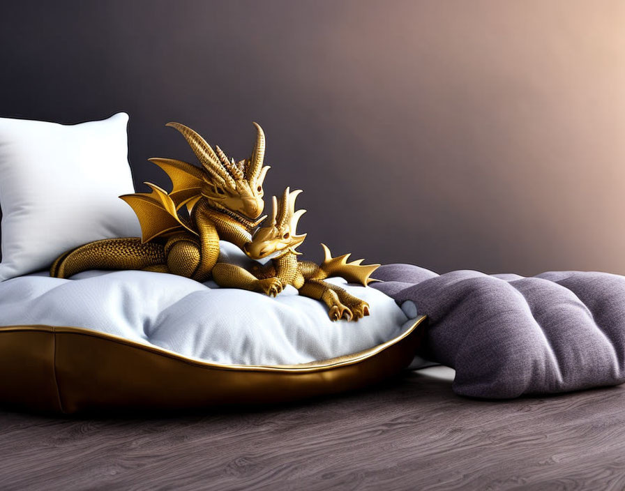 Golden Dragon Figurine Resting on Plush White Pillow in Stylish Bedroom