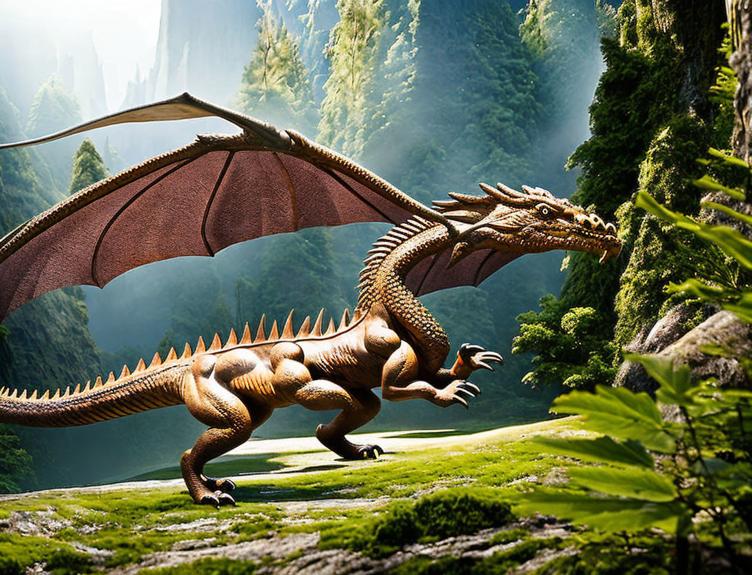 Majestic dragon with outstretched wings in lush green valley