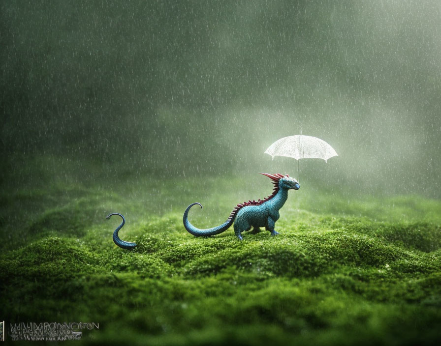 Toy Dinosaur Under White Umbrella on Mossy Ground