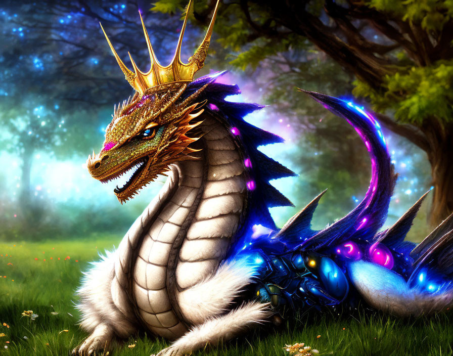 Majestic dragon with golden crown in mystical forest glade