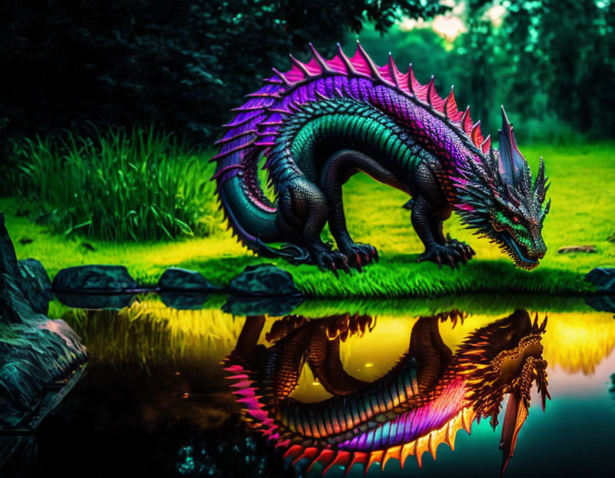 Colorful Dragon Reflecting on Water in Lush Landscape