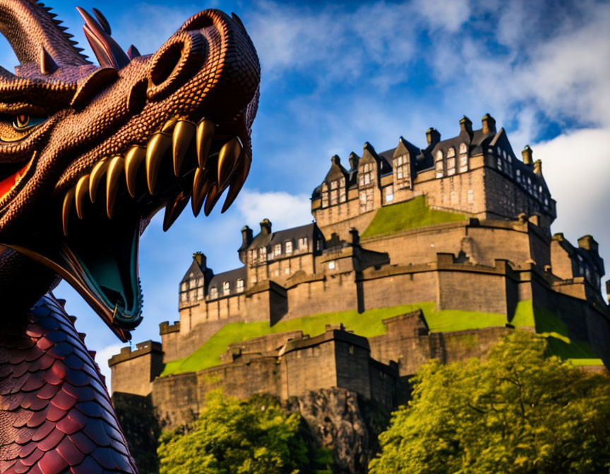 Dragon statue with open jaw in front of historic castle on sunny day