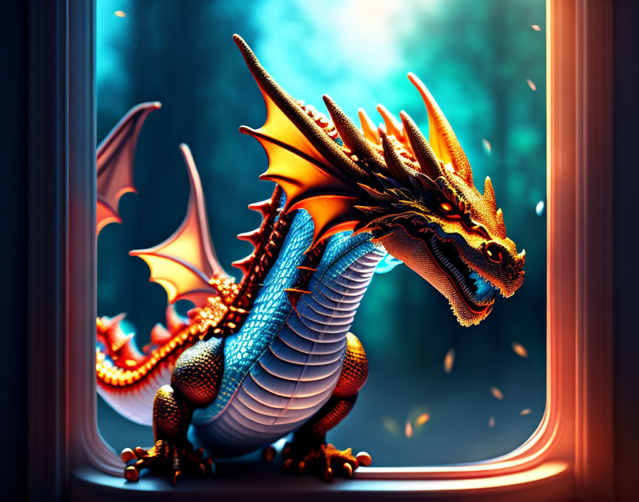 Colorful Dragon Illustration Perched on Windowsill