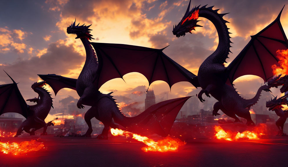 Three fire-breathing dragons in cityscape at sunset.