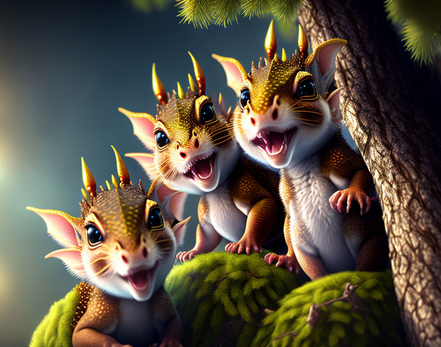 Three dragon-like squirrels with horns in mystical forest setting