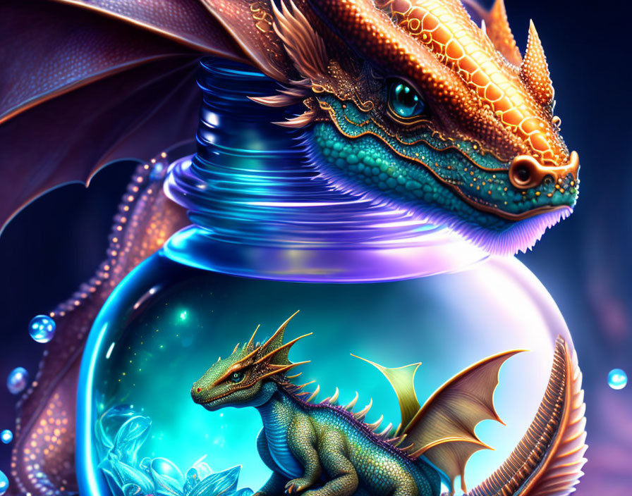 Digital Artwork: Two Dragons with Glowing Bottle on Dark Blue Background