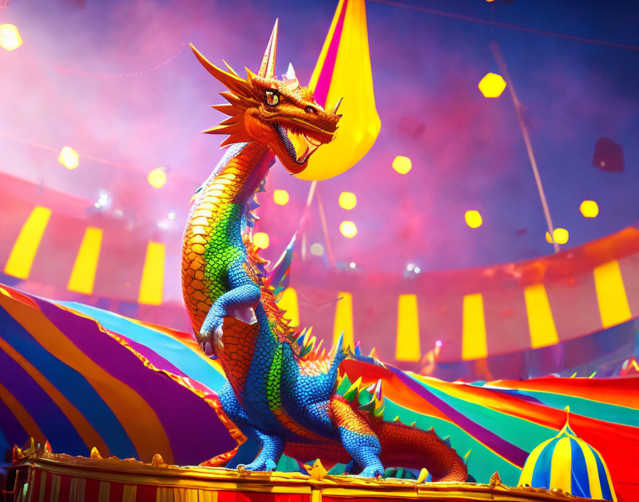 Vibrant animated dragon in colorful circus tent