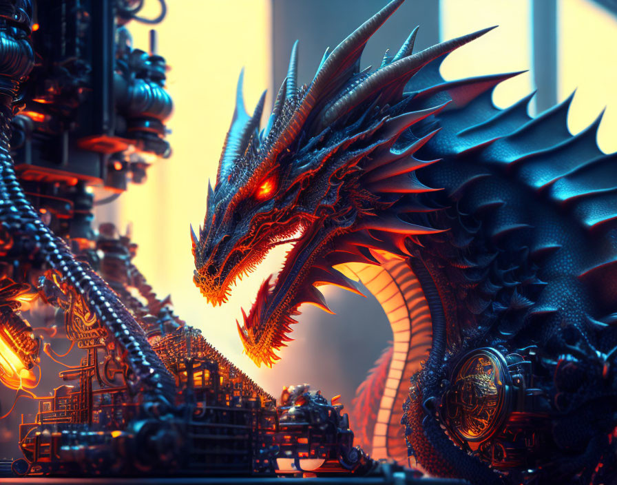 Detailed cybernetic dragon with glowing red eyes over futuristic machinery in moody backdrop