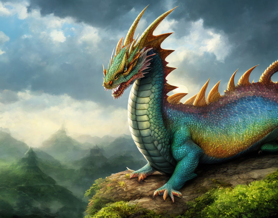 Colorful Dragon Perched on Mountain Amid Misty Hills