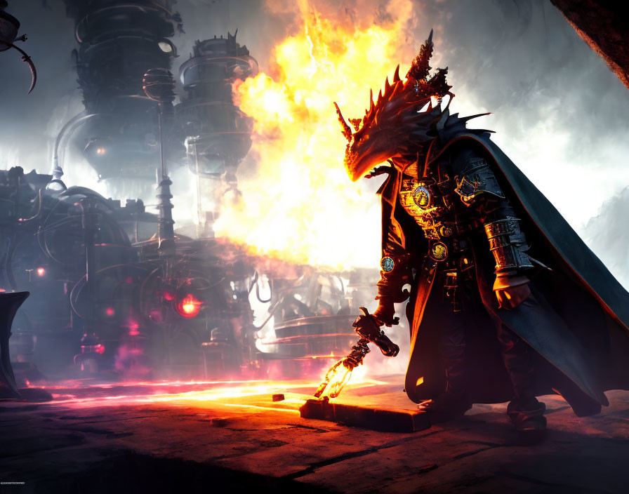 Armored character with flaming sword in industrial setting