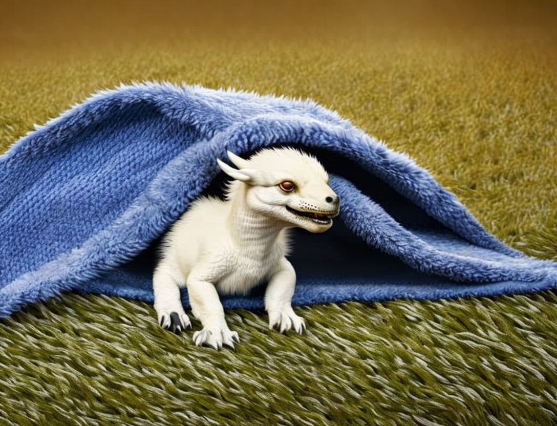 Dragon-like Creature with Horns and Sharp Teeth under Blue Blanket on Grass Texture