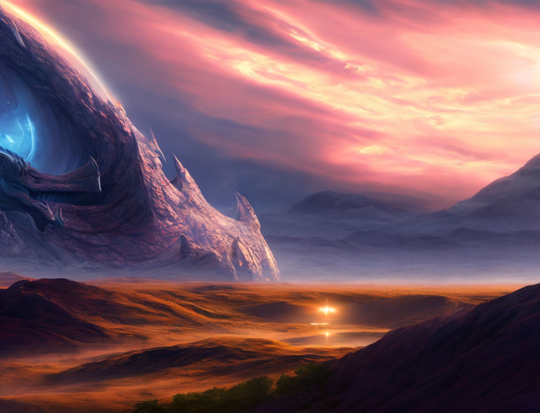 Alien landscape with large blue spiraled structure under dramatic sunset sky