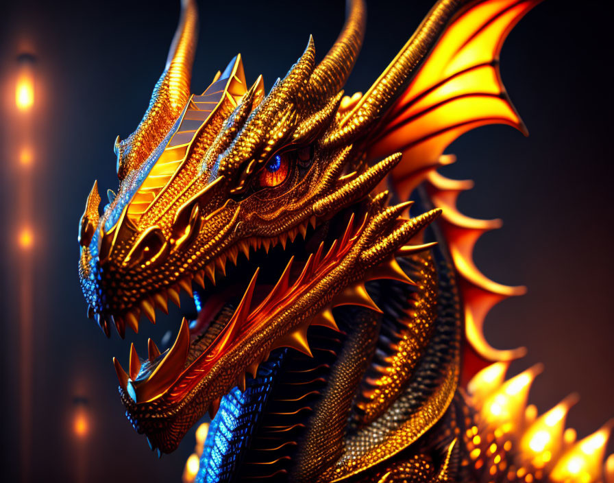 Detailed digital artwork: Golden dragon with red eyes and intricate scales in powerful stance on dark background