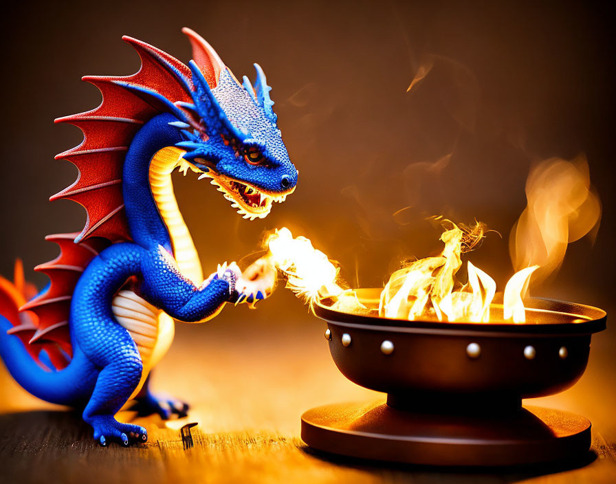 Colorful Dragon Figurine Breathing Fire into Cauldron on Dark Background