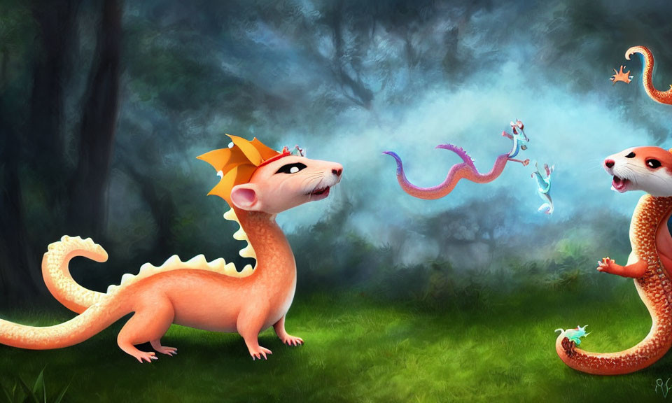 Orange lizard-like creatures with crowns playing in mystical forest with floating dragons