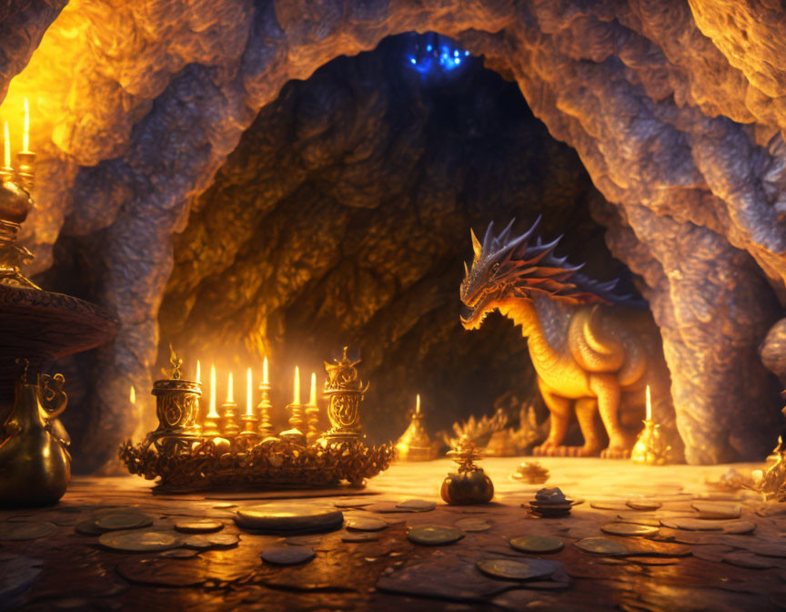 Dragon in candlelit cave with scattered gold coins