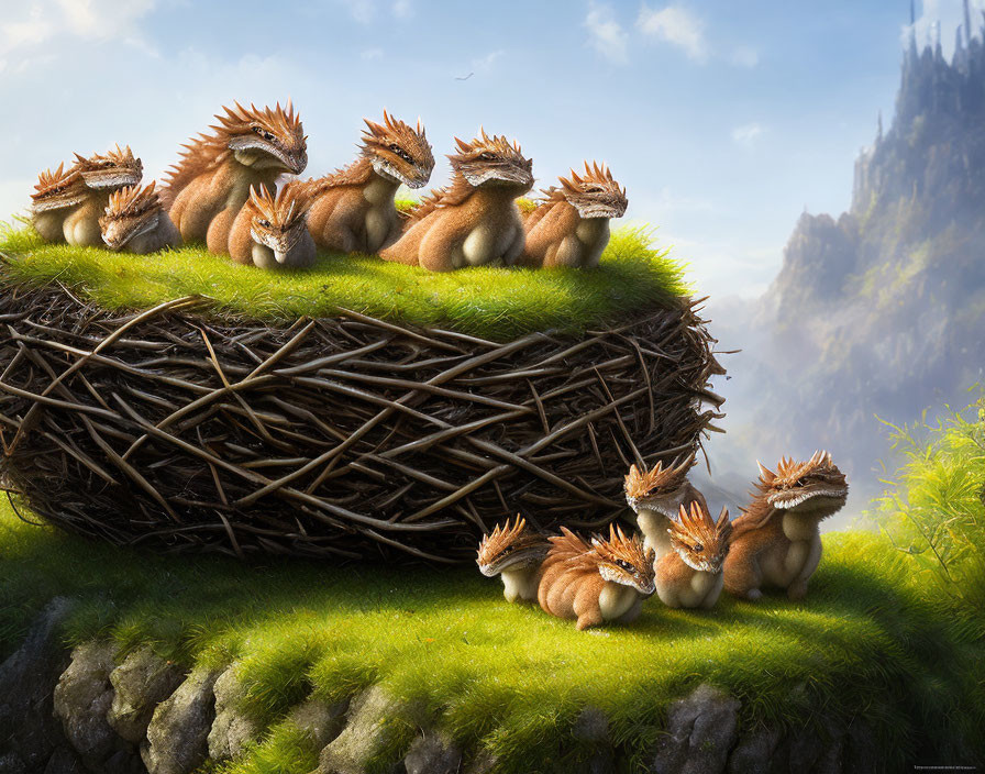 Fantastical fluffy creatures on nest with misty mountains