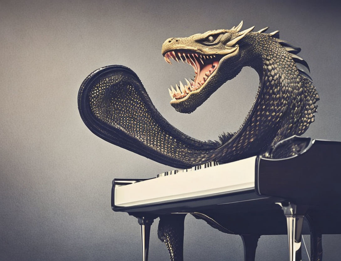 Metallic Dragon Sculpture Perched on Grand Piano Keys