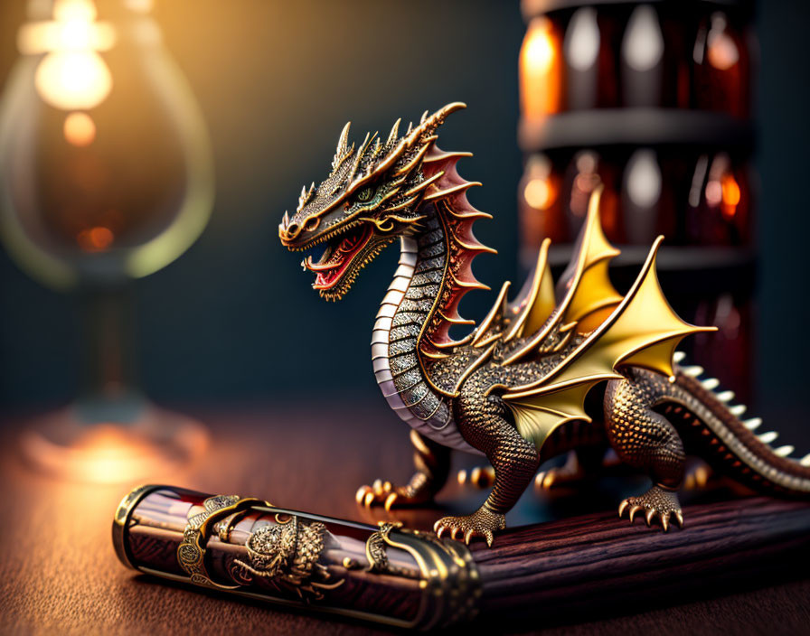 Golden dragon figurine next to ornate cylindrical object in warm glow