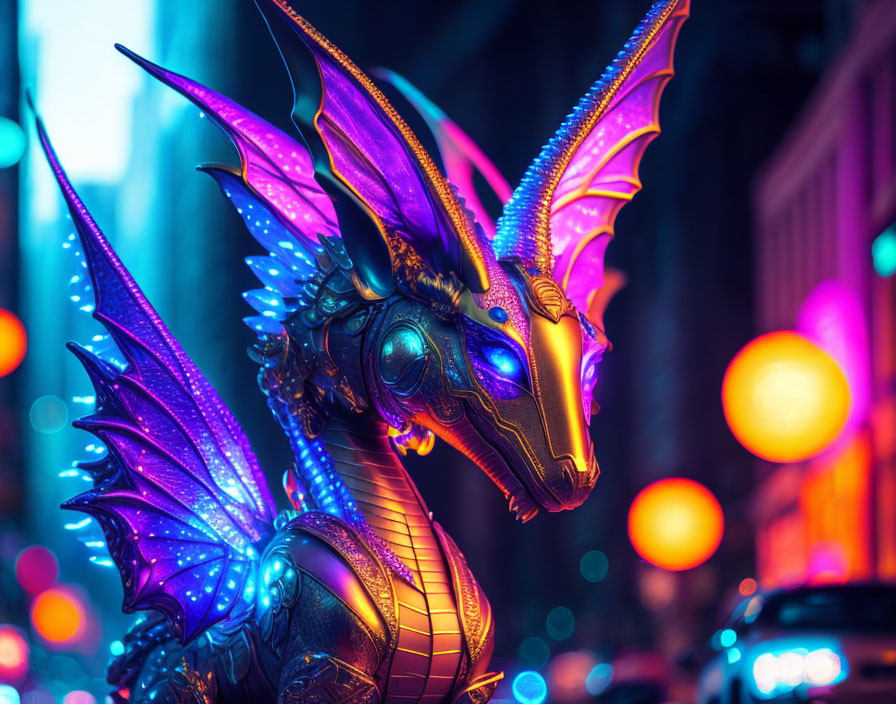 Metallic dragon sculpture with purple and gold details in urban setting