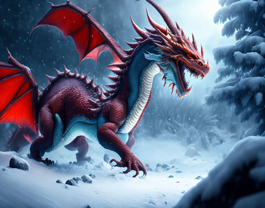 Red dragon with large wings and sharp horns in snowy forest