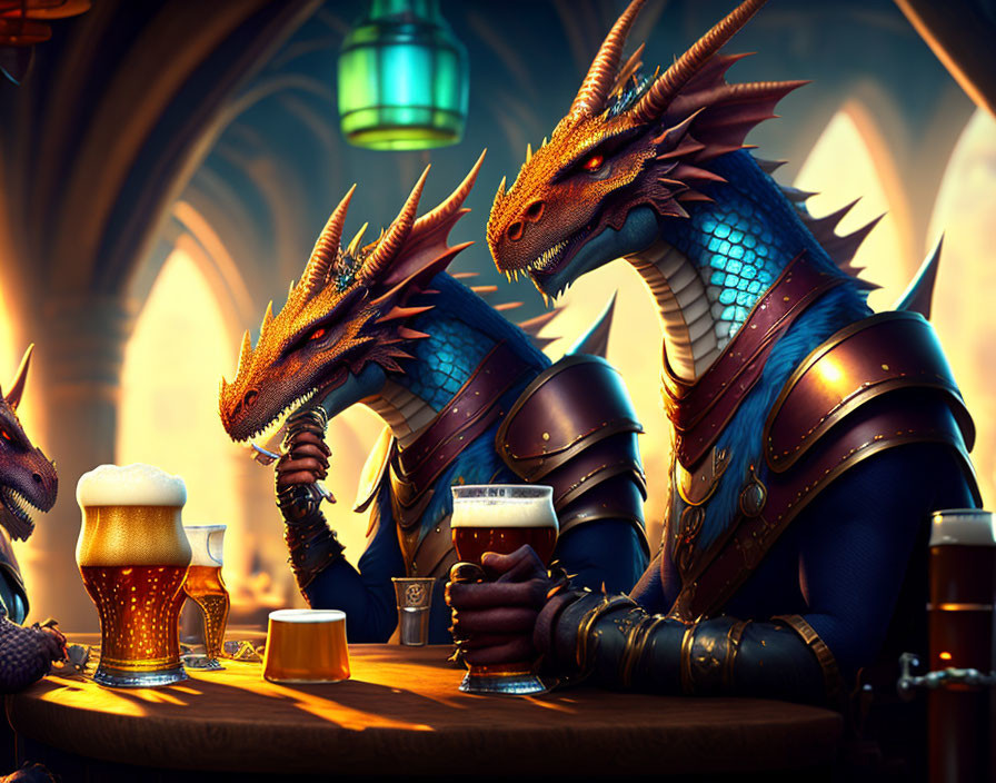 Dragon humanoid characters in armor enjoying beer in tavern setting