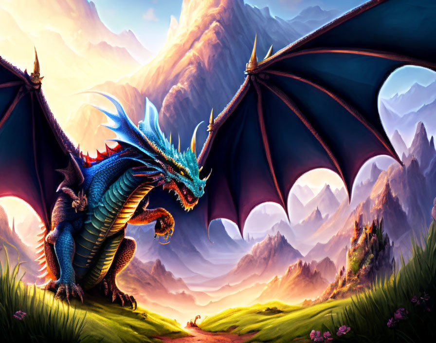 Blue Dragon in Fantasy Landscape with Mountains and Sunrise