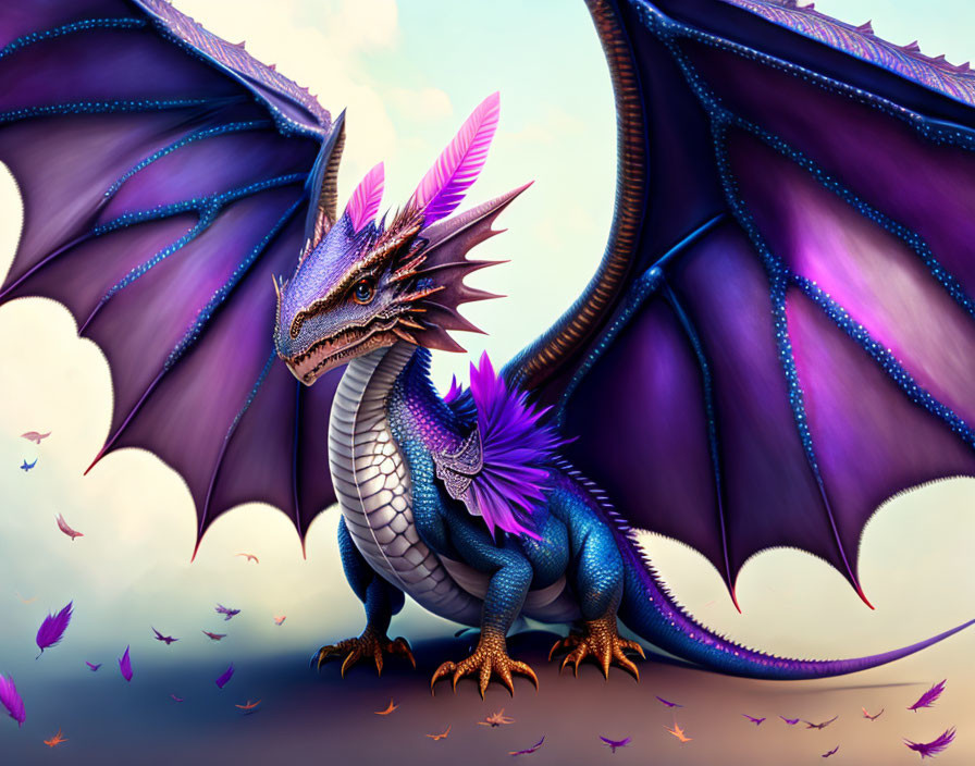 Majestic dragon with purple and blue scales and large wings in sky with feathers