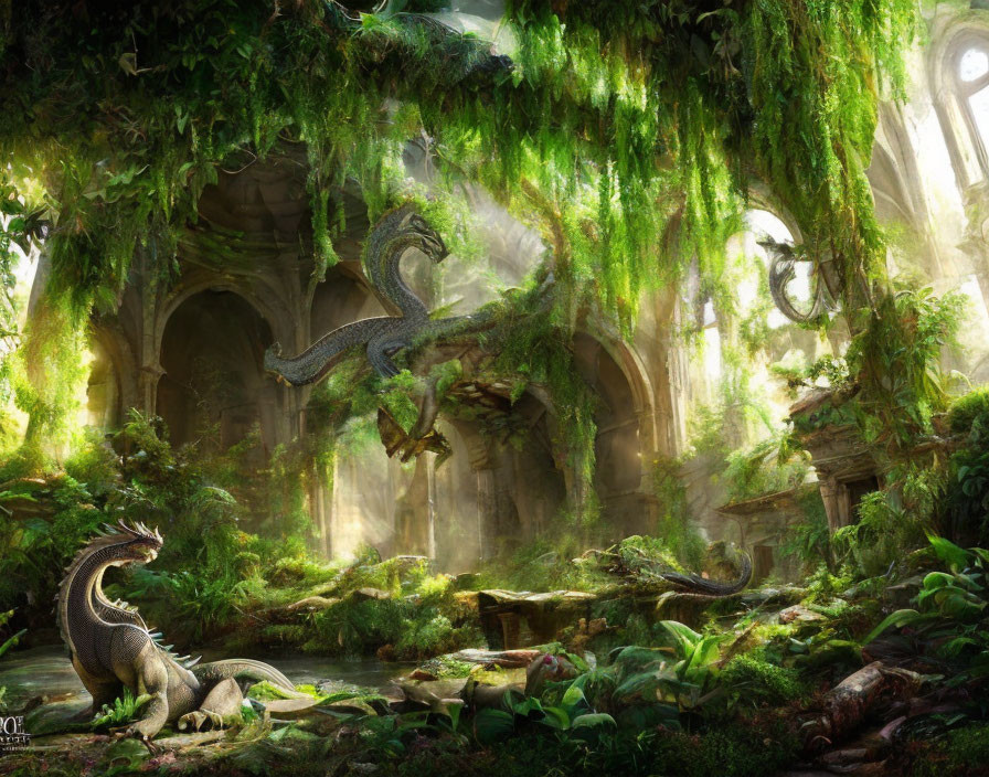 Abandoned ruin overgrown with greenery, inhabited by three dragon-like creatures