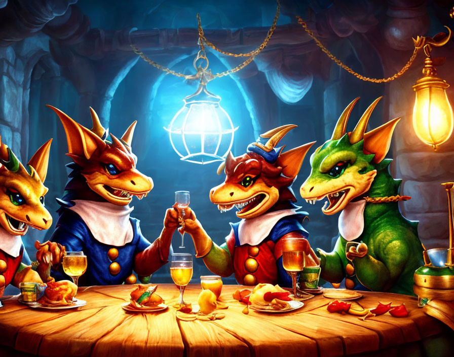 Anthropomorphic dragons in medieval attire toast at feast table in dim cavern