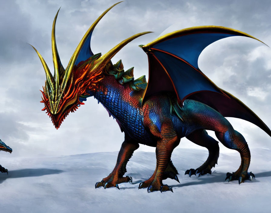 Colorful dragon with wings and horns in snowy landscape under cloudy sky