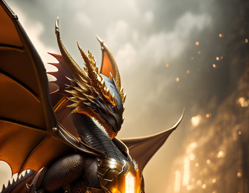 Majestic dragon with golden horns and scales against dramatic cloudy sky