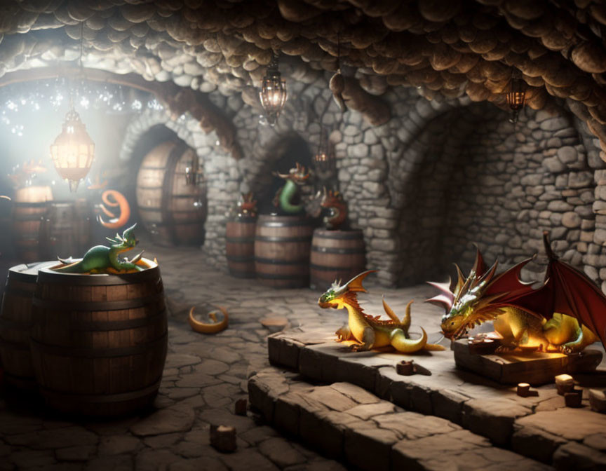 Three Small Dragons in Illuminated Underground Cellar with Arched Stone Interior