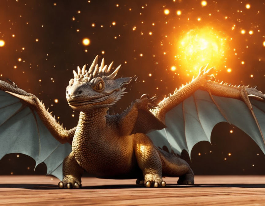 3D-rendered dragon with outstretched wings under warm sunburst lights