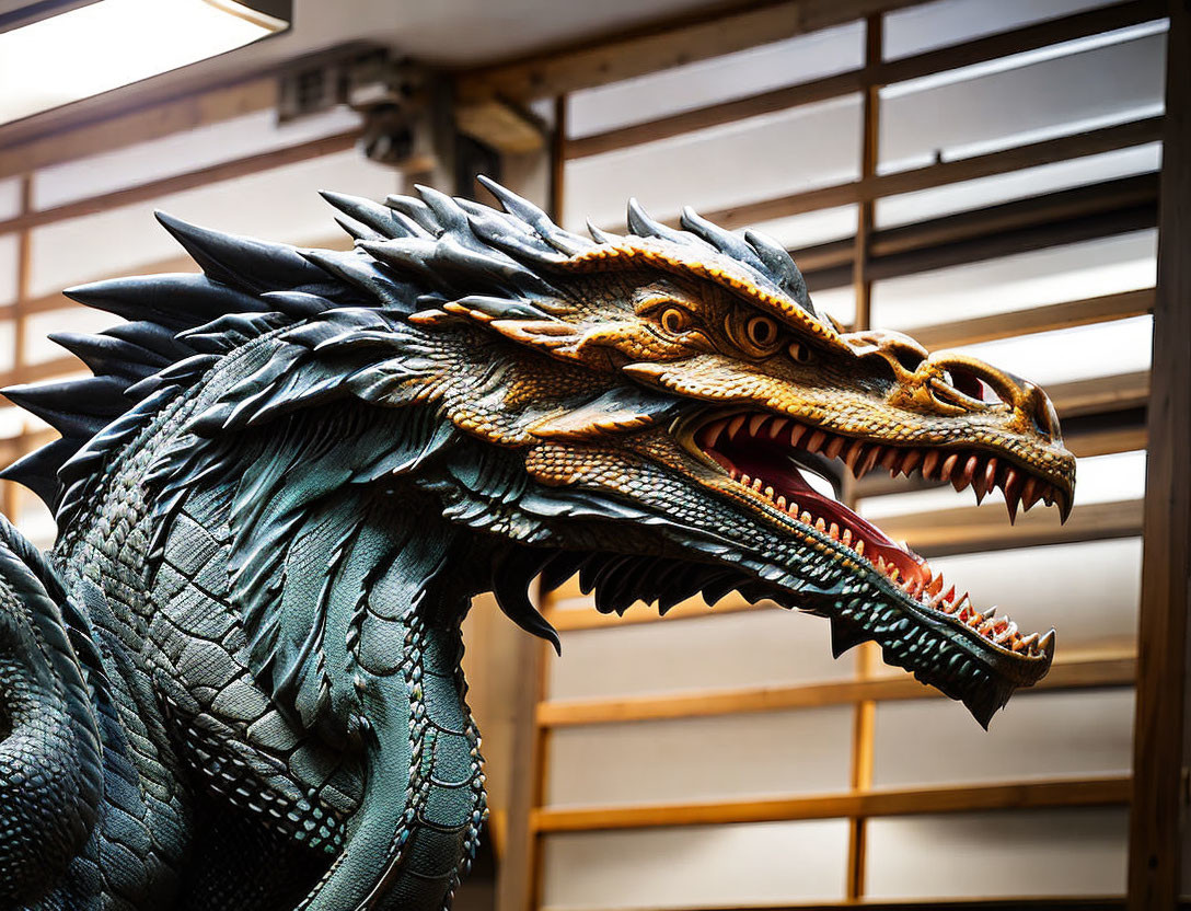 Detailed Dragon Head Sculpture with Sharp Teeth and Fierce Eyes