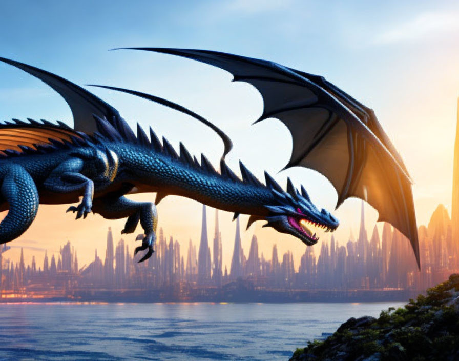 Blue dragon overlooking futuristic cityscape at sunset