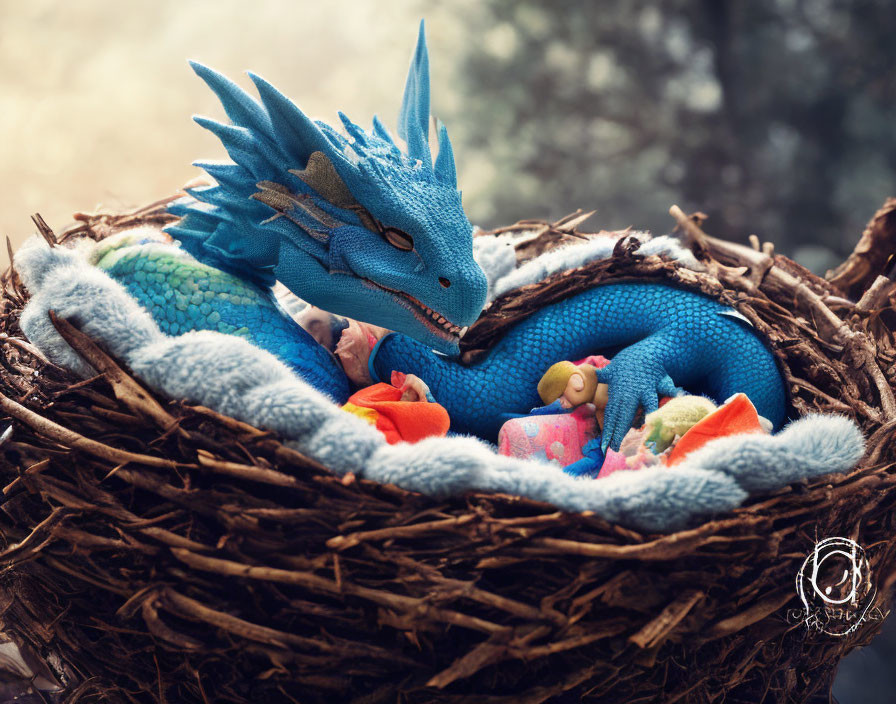 Detailed Blue Dragon Figurine in Bird's Nest with Patchwork Blankets