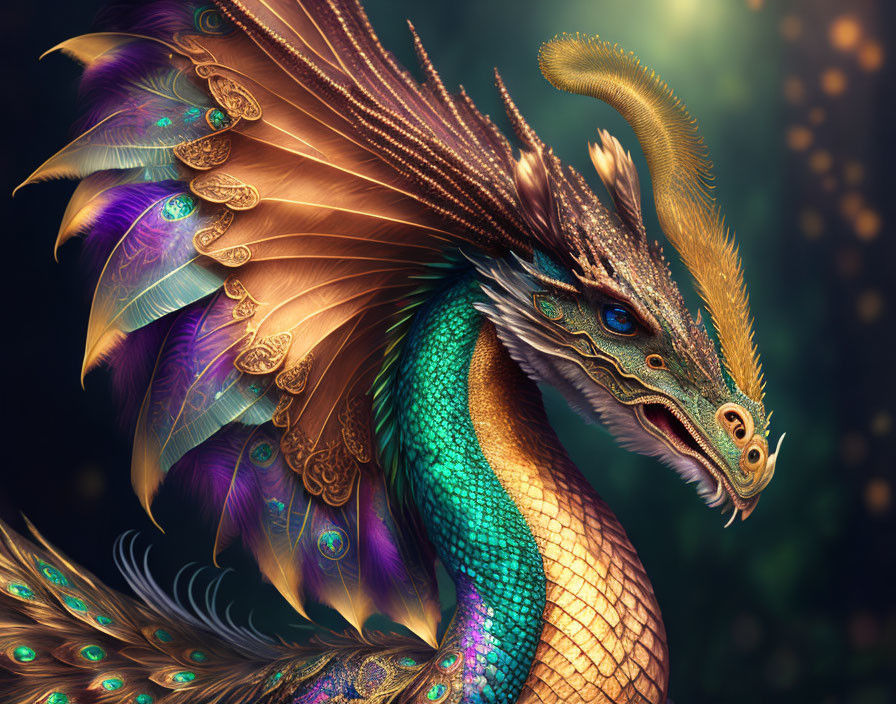 Majestic dragon with peacock-colored feathers and golden scales in dreamy setting