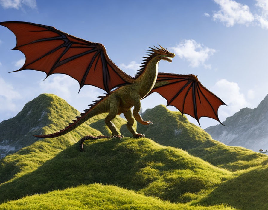 Majestic dragon with spread wings on grassy hill and mountain backdrop